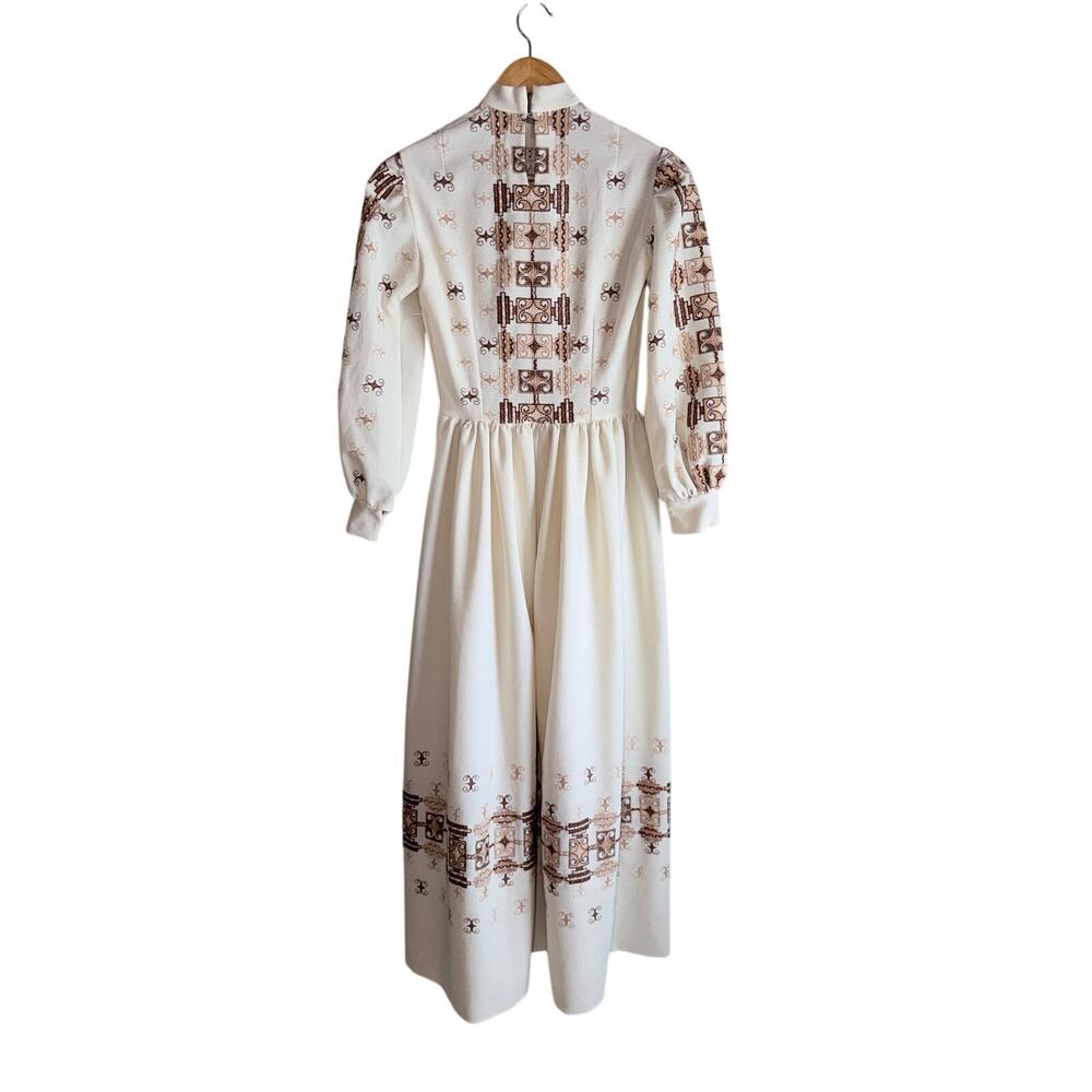 Vintage 70s Handmade Maxi Dress Brown boho retro Border Print Puff Sleeve small - Picture 2 of 9